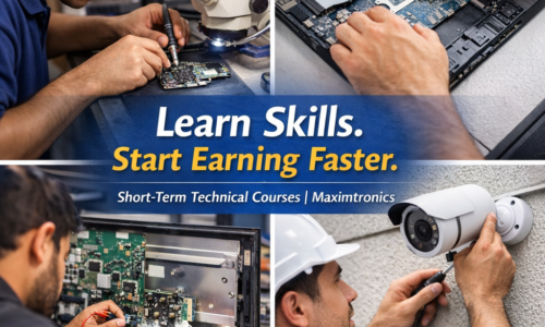 Students learning mobile repair, laptop repair, TV repair and CCTV installation training at Maximtronics Chennai.