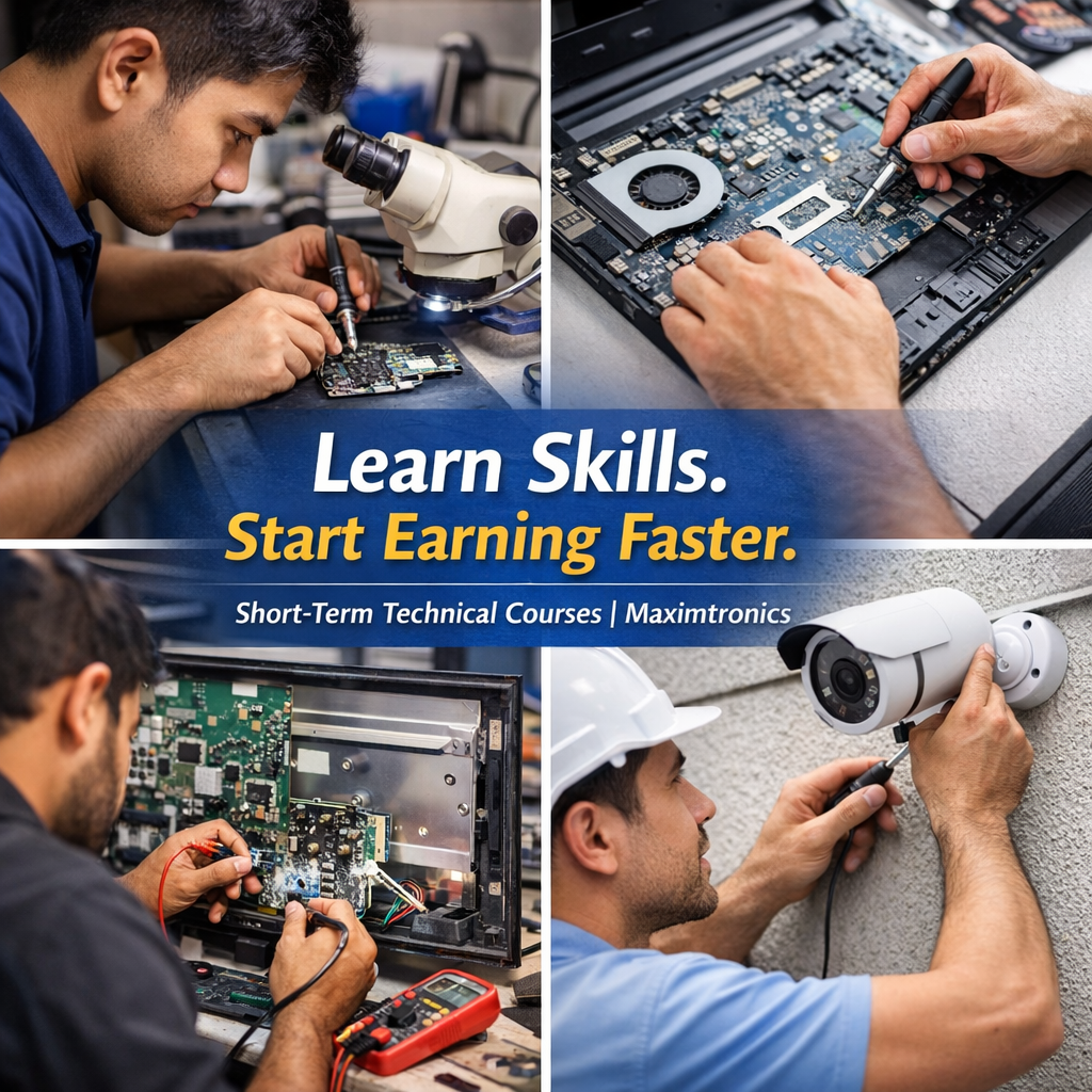 Students learning mobile repair, laptop repair, TV repair and CCTV installation training at Maximtronics Chennai.
