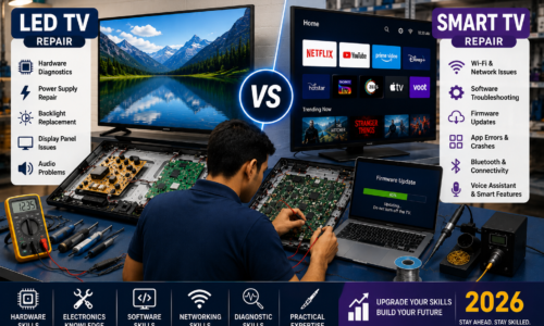Student learning LED TV vs Smart TV Repair