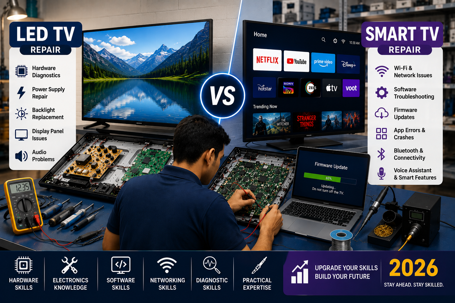 Student learning LED TV vs Smart TV Repair